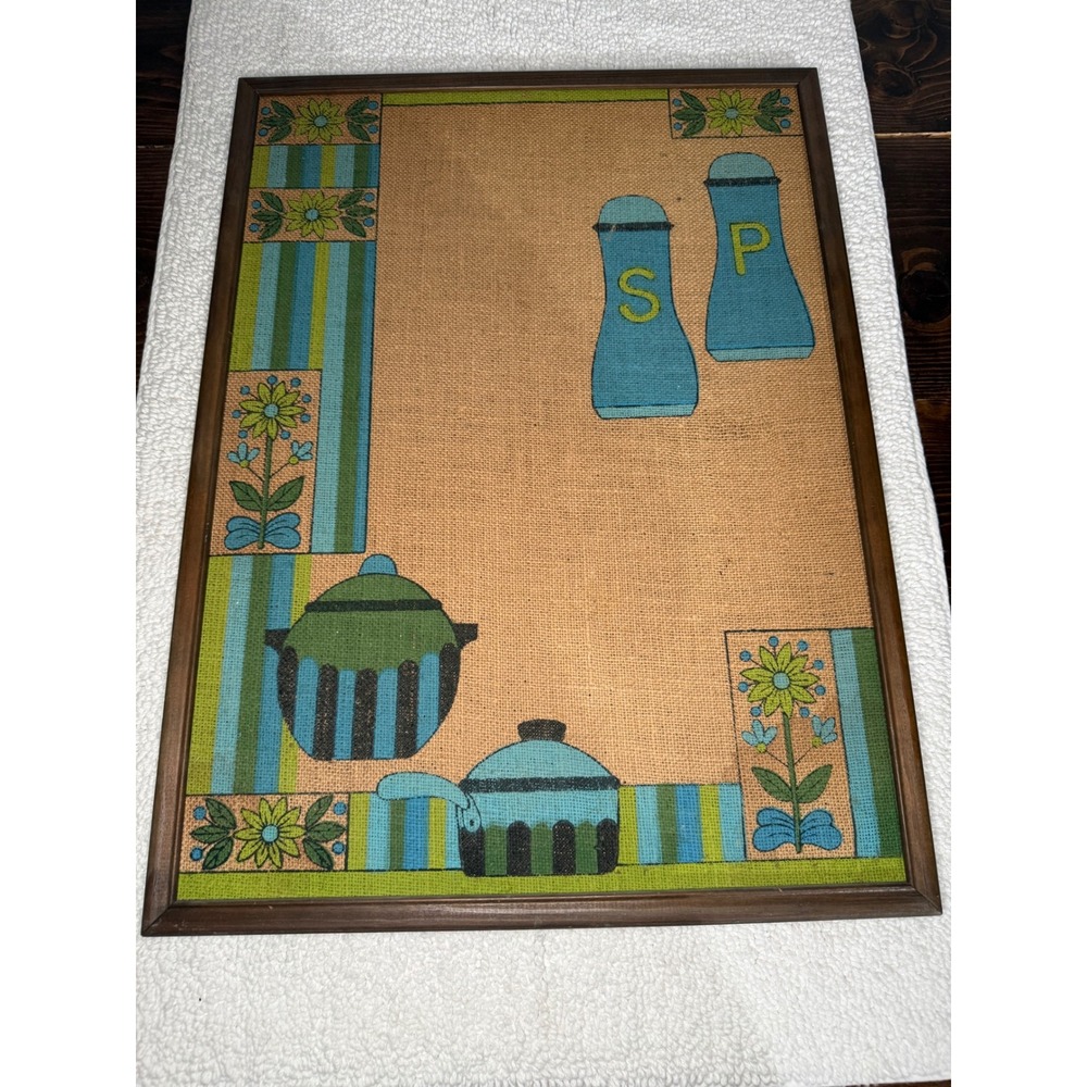 Vintage 70s Burlap Kitchen Wall Art Salt Pepper Shaker Floral Retro Wood Frame